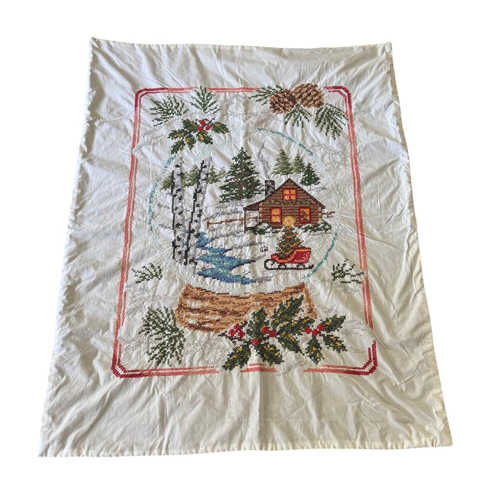 Christmas Cabin in the Woods Cross Stitch Blanket Wall Hanging Cottage Core